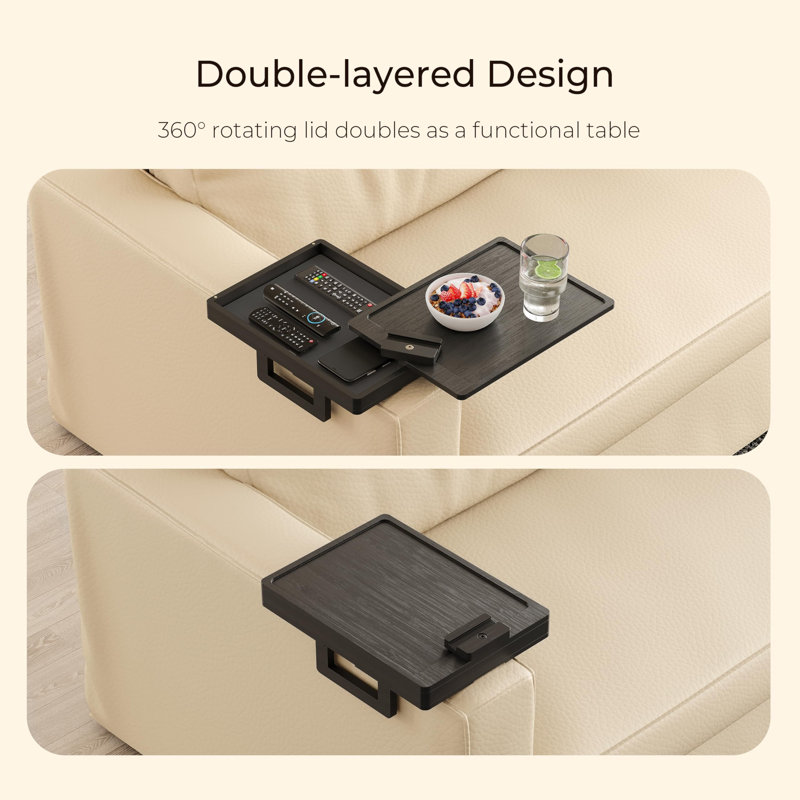 Bamboo Couch Arm Tray with Storage Box and 360° Phone Holder, 1 (Black), Black