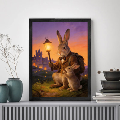 Élégant art mural encadré sur toile avec cadre en bois noir Lapin et lanterne tenant une lanterne