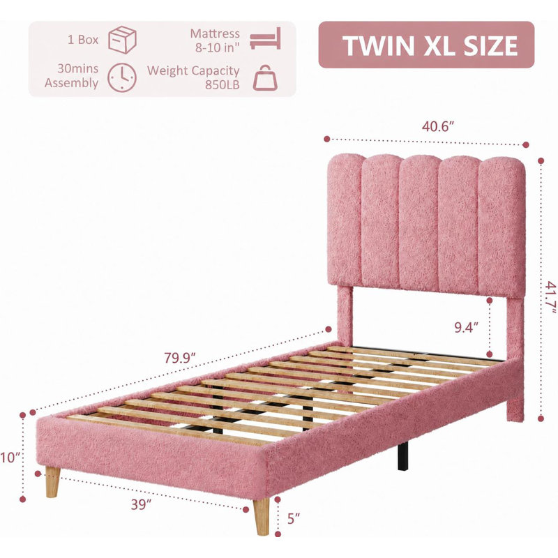 Lit plateforme tapissier Boucle, Simple TG, Rose