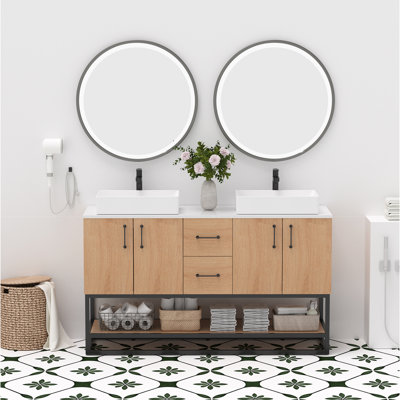 Ensemble de meuble-lavabo double 60 po avec lavabo et tablette inférieure ouverte 60 po