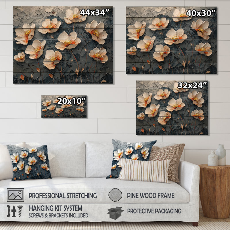 Danse des coquelicots sur pierre II - Art mural en bois coquelicots - sur bois de pin naturel, H 30 po x l 40 po x P 0,78 po