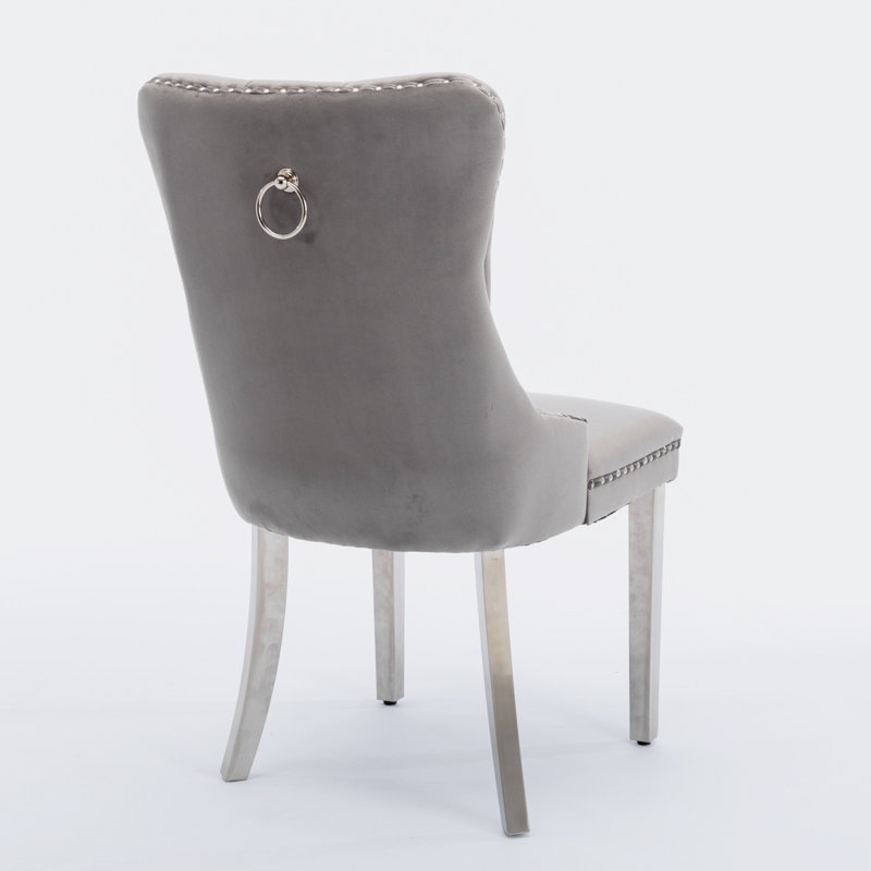 Modern Glam Velvet Upholstered Dining Chair with Pull Ring (Set of 2), Gray, Gray