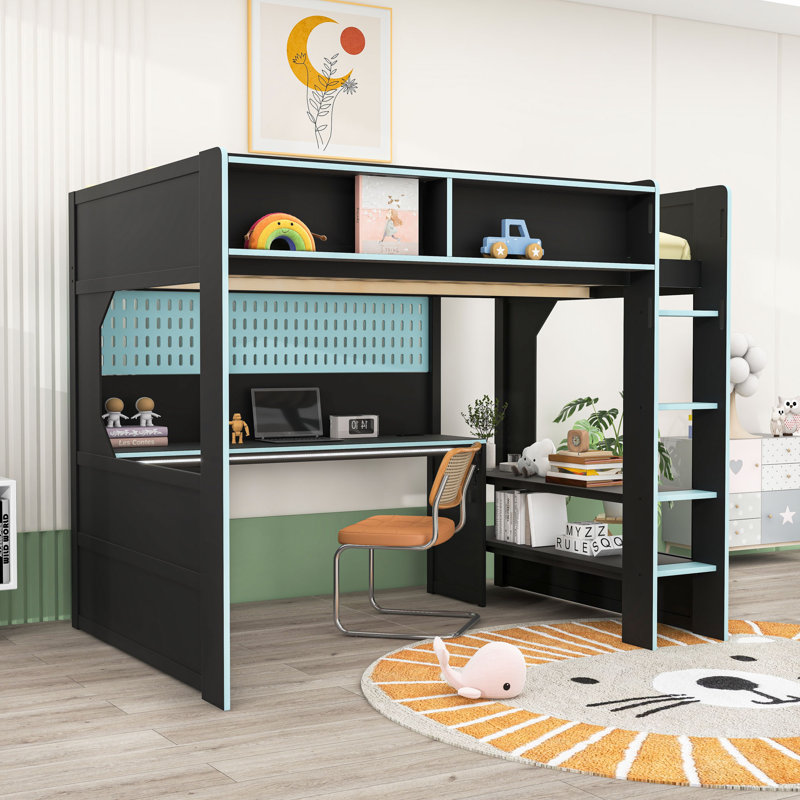 Deluxe Loft Bed with Workstation, Storage Shelves, LED Strips and Charging Station, Black Blue, Full
