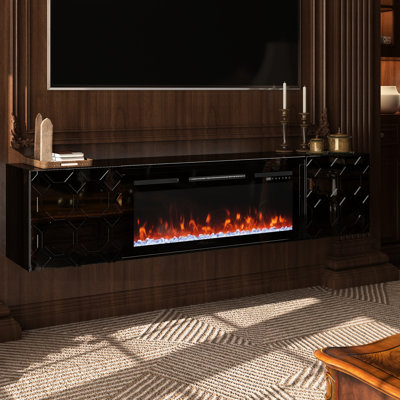 Finition ultrabrillante 67 po Meuble télé noir, style moderne, rangement à double porte, tablette ouverte pour la décoration, meuble multimédia à assemblage rapide, look, foyer, construction solide