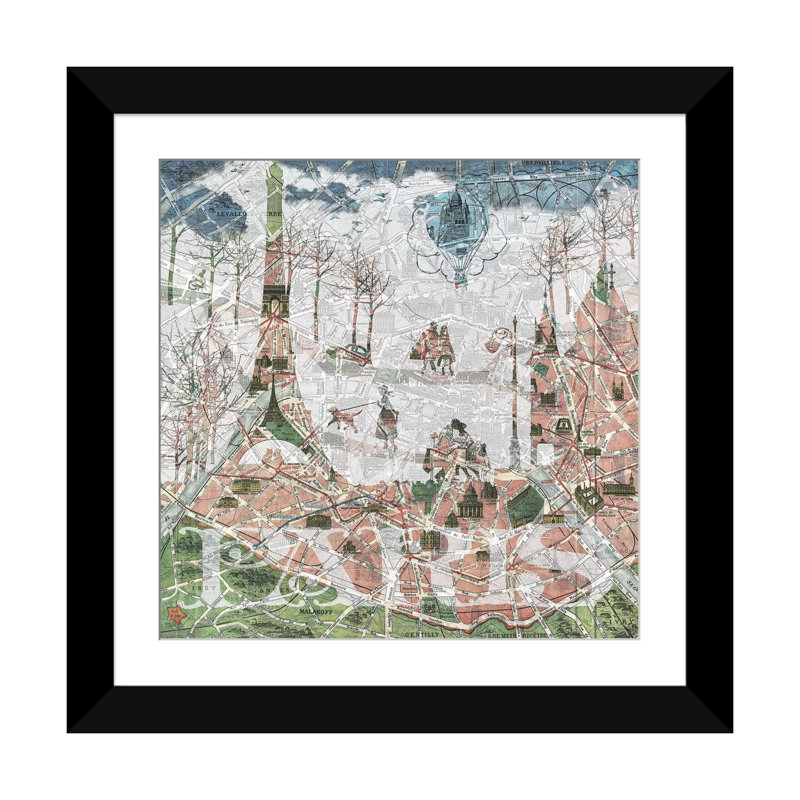«Paris, Old Map», impression sur toile, Papier d'art encadré noir, H 24 po x l 24 po x P 1 po, Blanc