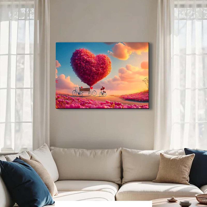Heart Balloon And Flowers Canvas Poster, Bicycle Filled With Roses Painting Prints Valentines Day Wall Art Framed Pictures Prints For Bedroom, Living Room, Office
