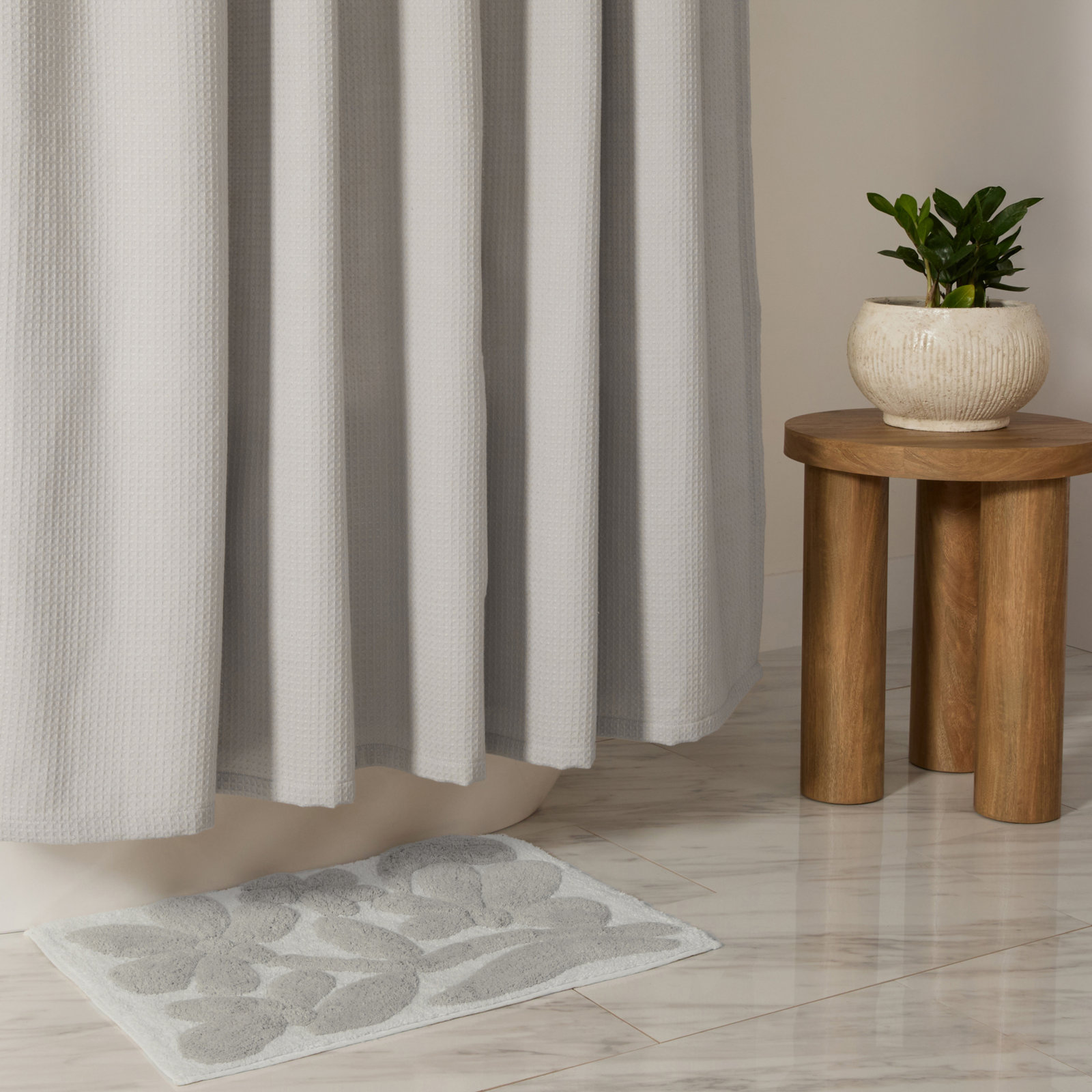 Waffle Textured Cotton Blend Shower Curtain, Gray