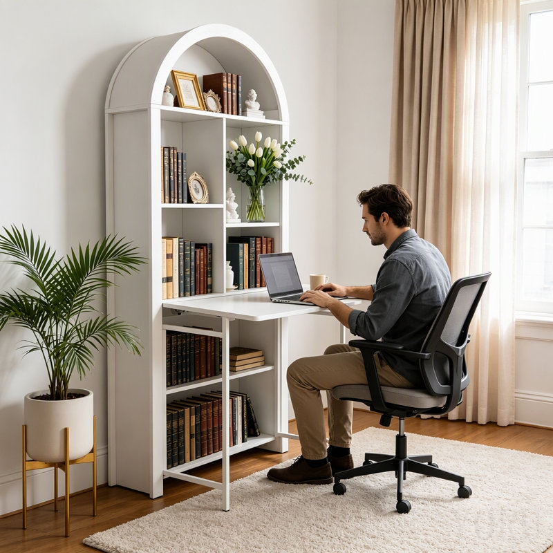 Bureau d'artisanat pliant avec tablettes de rangement, bureau convertible dissimulé en bibliothèque, bureau pliable avec rangement, bureau disparaissant pour petits espaces, table de bricolage multifonctionnelle, bureau de coiffeuse