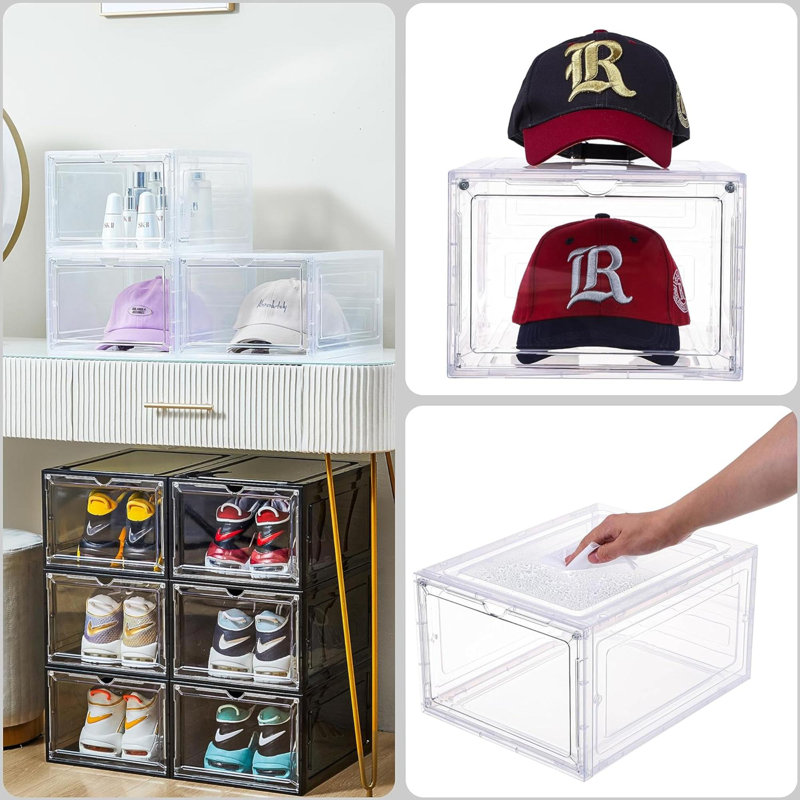 Boîte de rangement pour chapeaux, boîte de rangement de casquettes de baseball empilables transparentes avec porte magnétique pour chapeaux