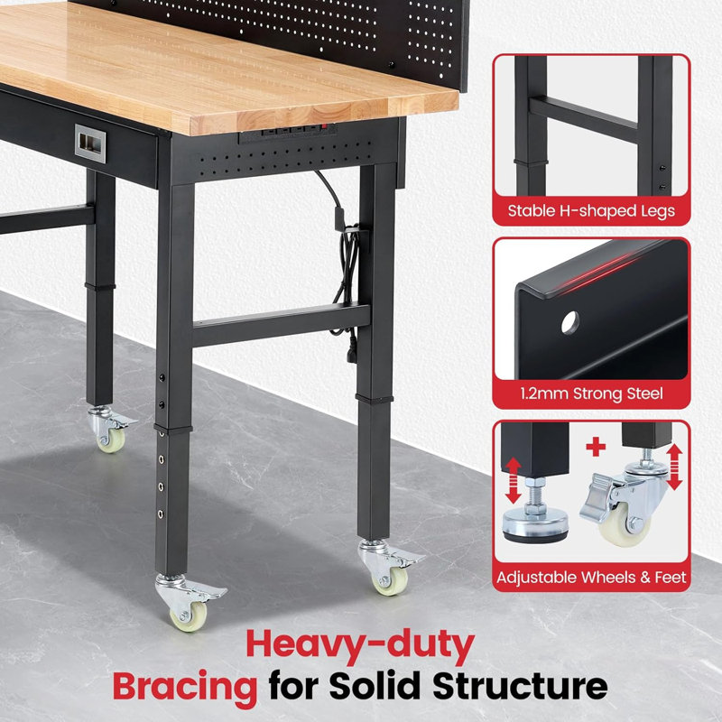 Établis pour garage Établi avec roulettes Établi de garage à dessus en bois d'hévéa avec tiroirs, panneau perforé, prises de courant de 60 po