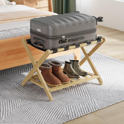 Fully Assembled Luggage Rack For Guest Room, Upgraded Bamboo Foldable Suitcase Stand With 5 Nylon Straps, Nature Luggage Holder With Shelf For Bedroom Hotel