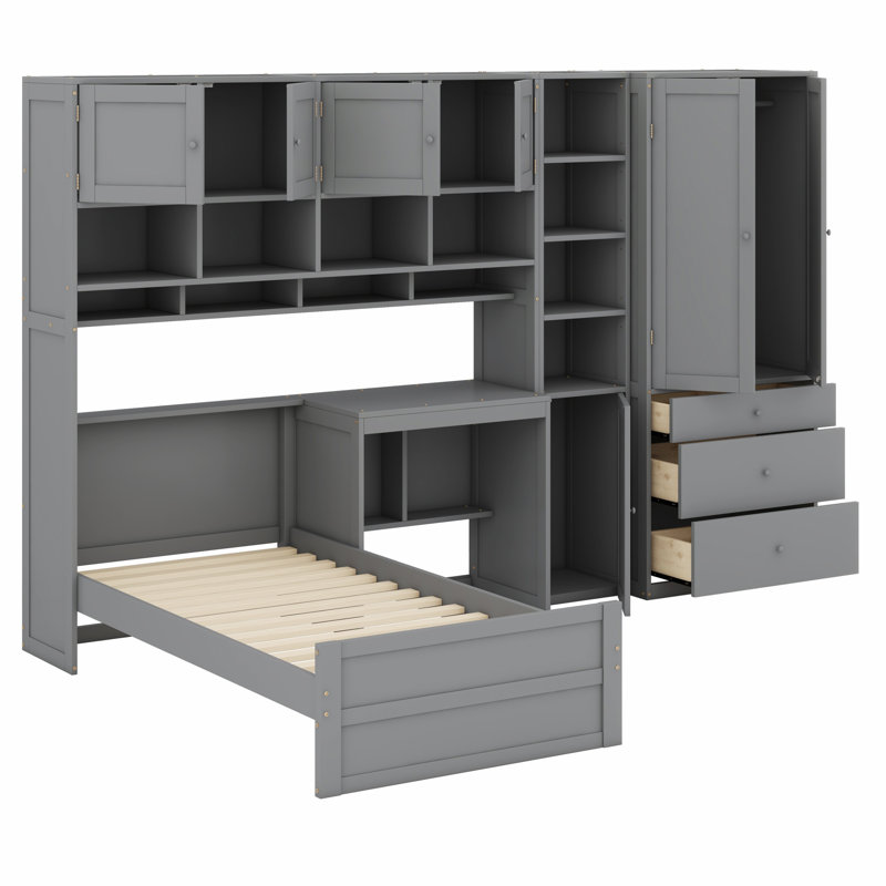 Lit plateforme fonctionnel en bois avec bureau, garde-robe, armoires, tiroirs et tablettes, Gris