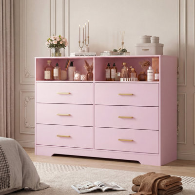 47" Wide White 6 Drawer Wooden Dresser for Bedroom, Wood Chest of Drawers with Charging Station & Open Shelf, Deep Drawer Storage Organizer, Modern TV Stand for Living Room, Dorm