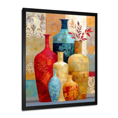 Boho Plants Moroccan Vases - Morocco Pottery, art mural sur toile rouge