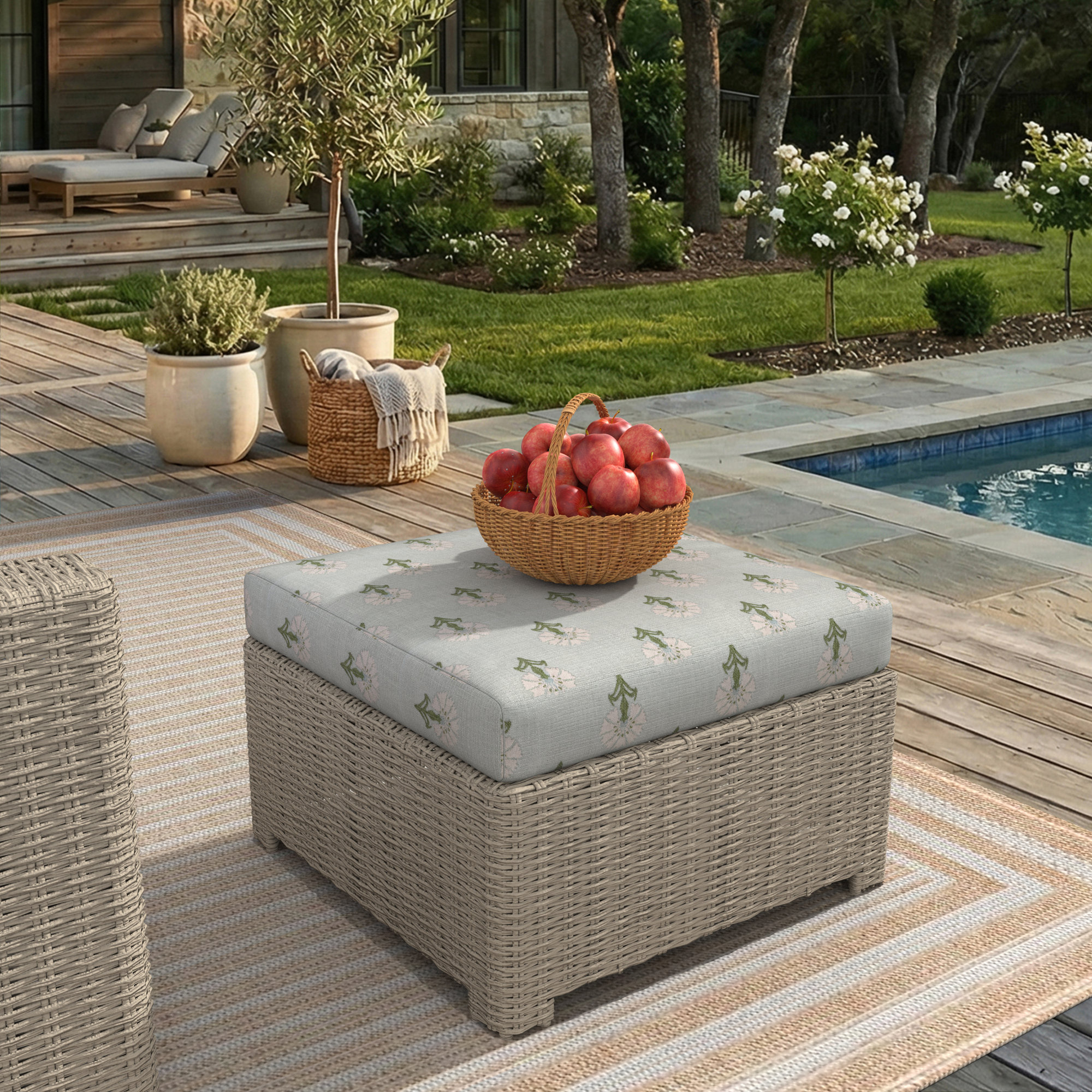 Outdoor Ottoman With Sunbrella Cushions, Mira Celeste