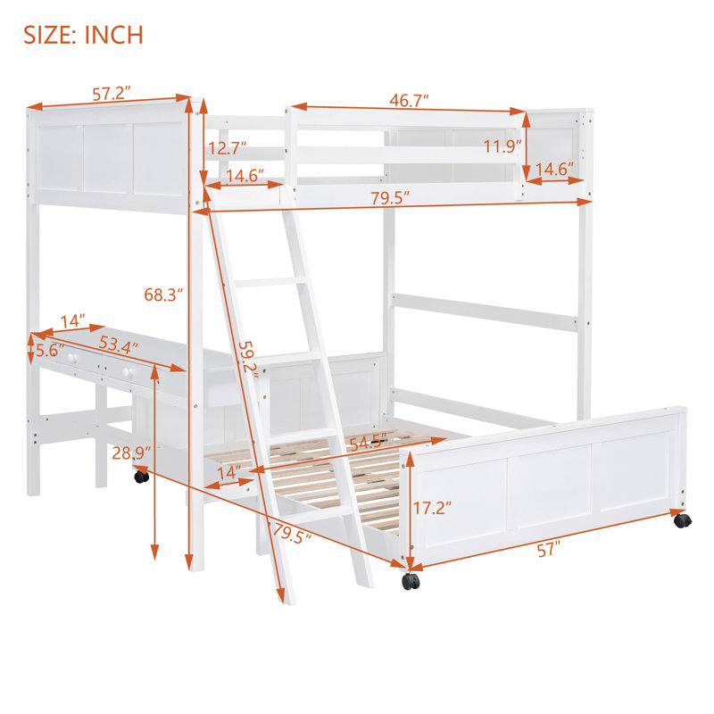 Bunk Bed with Desk, Full Over Full, White