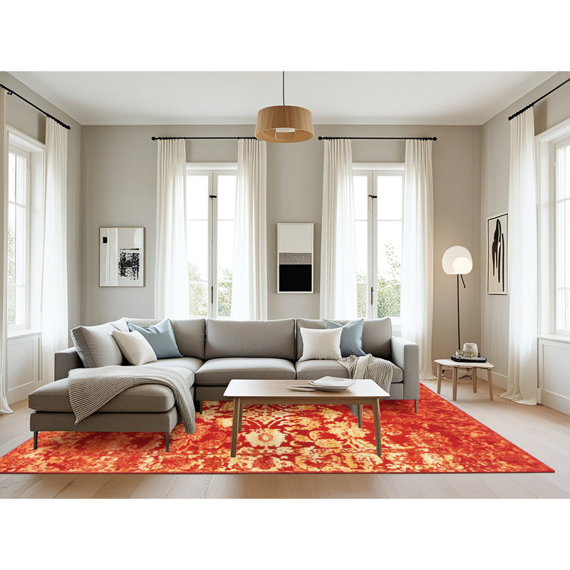 Tapis contemporain rouge / jaune Nia, Rectangle 8 pi x 12 pi