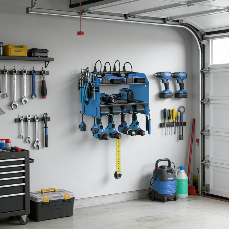 Support mural modulaire pour outils électriques avec station de charge et multiprise à 8 prises, Bleu