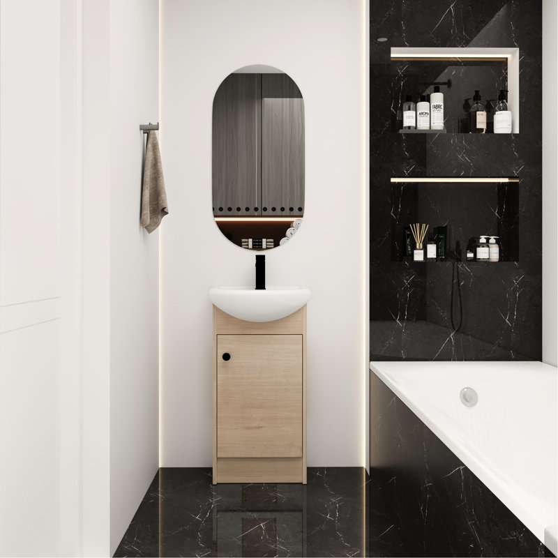 Meuble-lavabo de 18 po avec lavabo en contreplaqué de chêne, petit lavabo autoportant, rangement spacieux