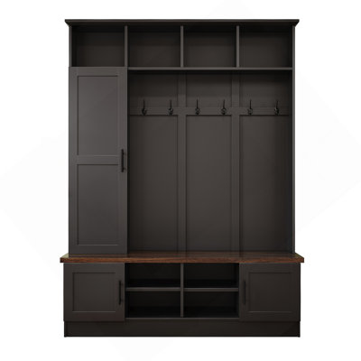 Versatile 3-In-1 Hall Tree With 6 Hooks, Farmhouse Walnut Storage Bench With Adjustable Shelves, 55"W Entryway Coat Rack With Multiple Storage Space For Mudroom, Hallway, Black