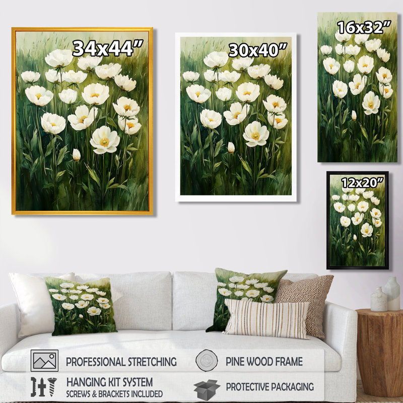 Barnhill - impressions sur toile florales, H 32 po x l 16 po, Reproduction encadrée d'une seule photo, Blanc