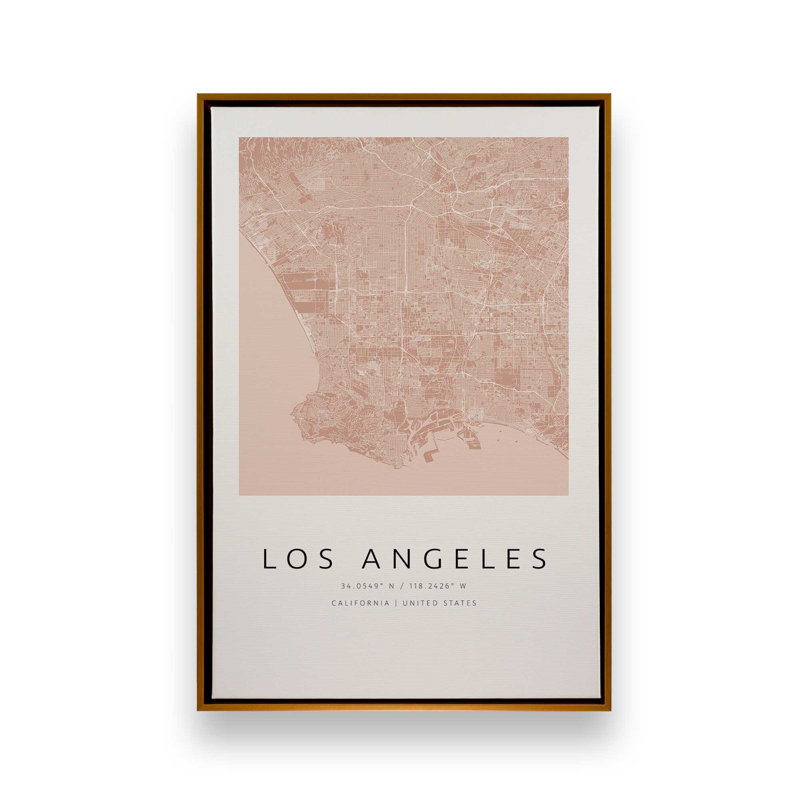 Los Angeles Street Map, reproduction d'art sur toile, 32 po x 48 po, Cadre flottant doré poli