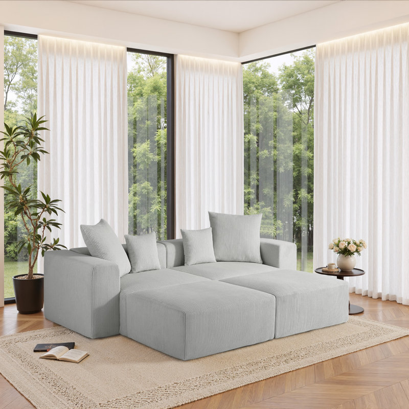 4-Piece Upholstered Corduroy Modular Sectional Sofa with Movable Ottoman – Fully Compressed, No Assembly Required, Light Grey