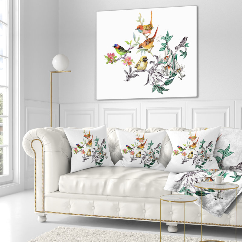 Tropical Flowers and Birds - Animal Printed Throw Pillow, Rectangle 12" x 20"