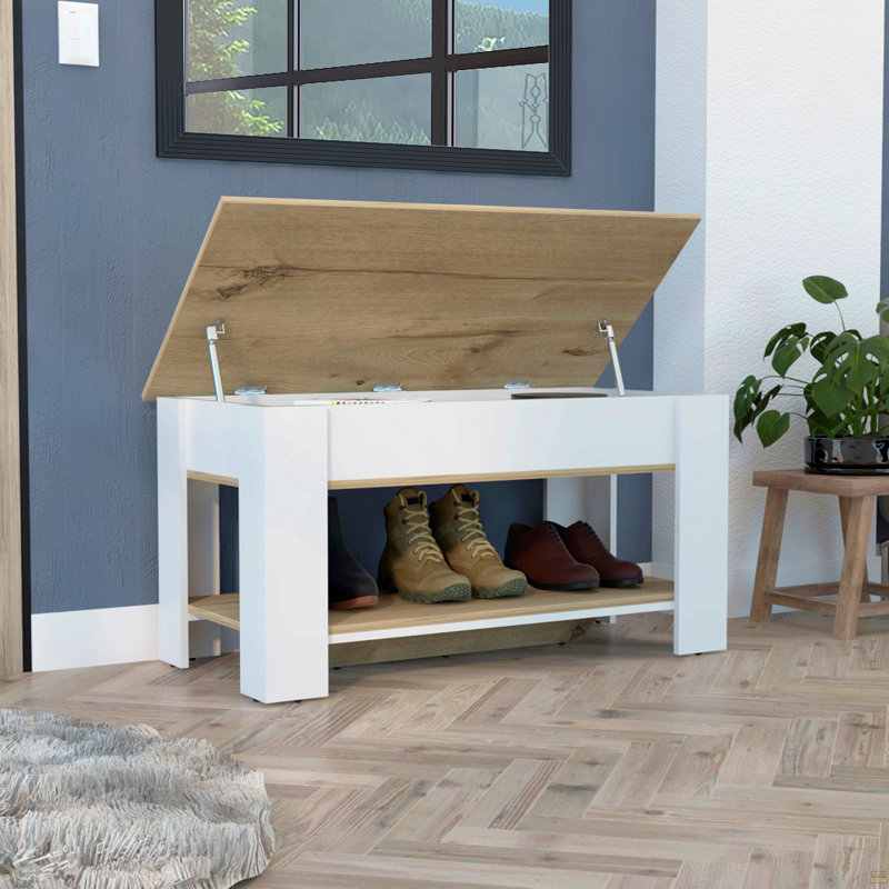 Storage Table Polgon, Extendable Table Shelf, Lower Shelf, Light Oak / White Finish, Light Oak