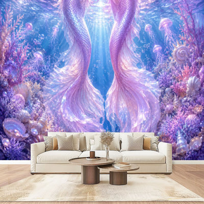 Peel and Stick Wallpaper Wall Mural Fantasy Mermaid Tails Iridescent Scales Amid Underwater Coral Wall Art Self Adhesive and Removable