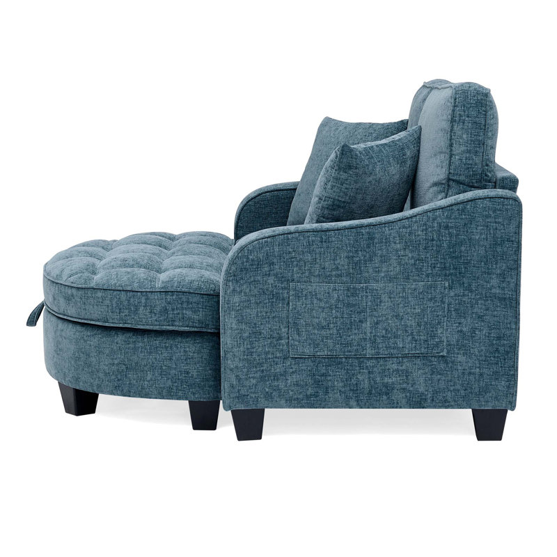 Canapé deux places, méridienne double, avec accoudoirs et dossiers irréguliers, repose-pieds avec espace de rangement, deux petits coussins décoratifs