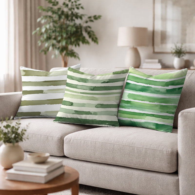 Country Farmhouse Accent Pillow - Green And White Olive Drift Striped Green Printed Cushion, H 16 po x l 16 po
