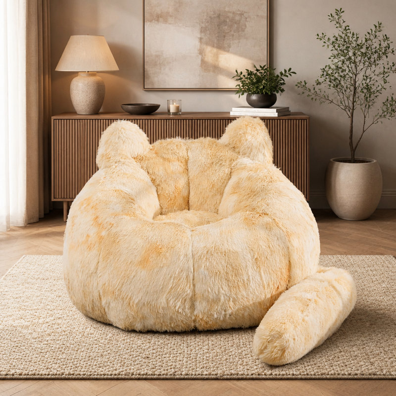 Pouf en forme de chat, 116 cm, sans os, avec coussin en fausse fourrure et queue., Similifourrure jaune, Yellow