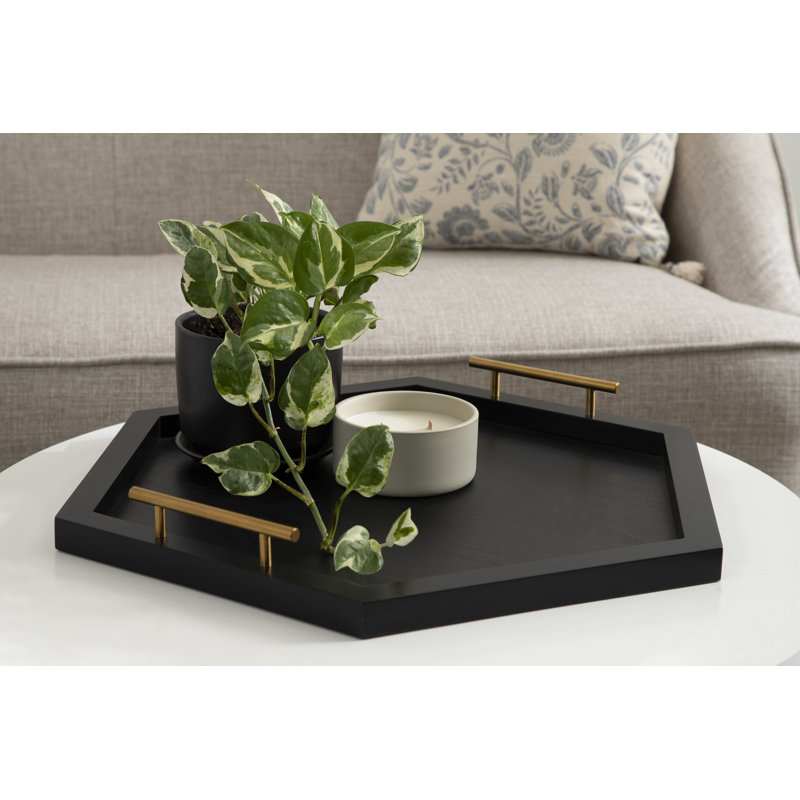 Reith Hexagon Manufactured Wood Tray with Metal Handles , 2.20" H x 18.00" W x 15.66" D, Green/Gold