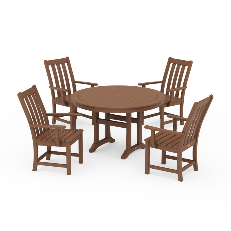 POLYWOOD Vineyard 5-Piece Round Dining Set with Trestle Legs, Teak