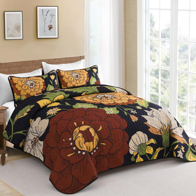 3 Pieces Floral Botanical Boho Farmhouse Quilt Set Lightweight Microfiber Bedspread Coverlet with Pillow Shams All Season
