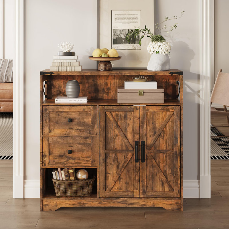 Armoire de rangement Farmhouse avec tiroirs et rangement ouvert, Brun