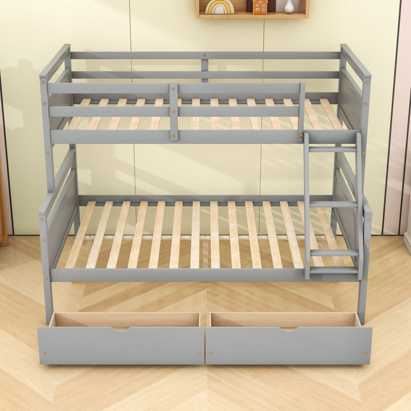Lit superposé simple au dessus d'un lit double en bois avec 2 tiroirs, gris