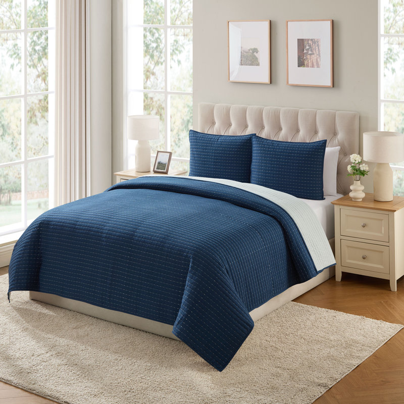 Ensemble de courtepointe en microfibre 3 pièces VCNY Home, Courtepointe de grande taille et 2 taies décorati, Bleu