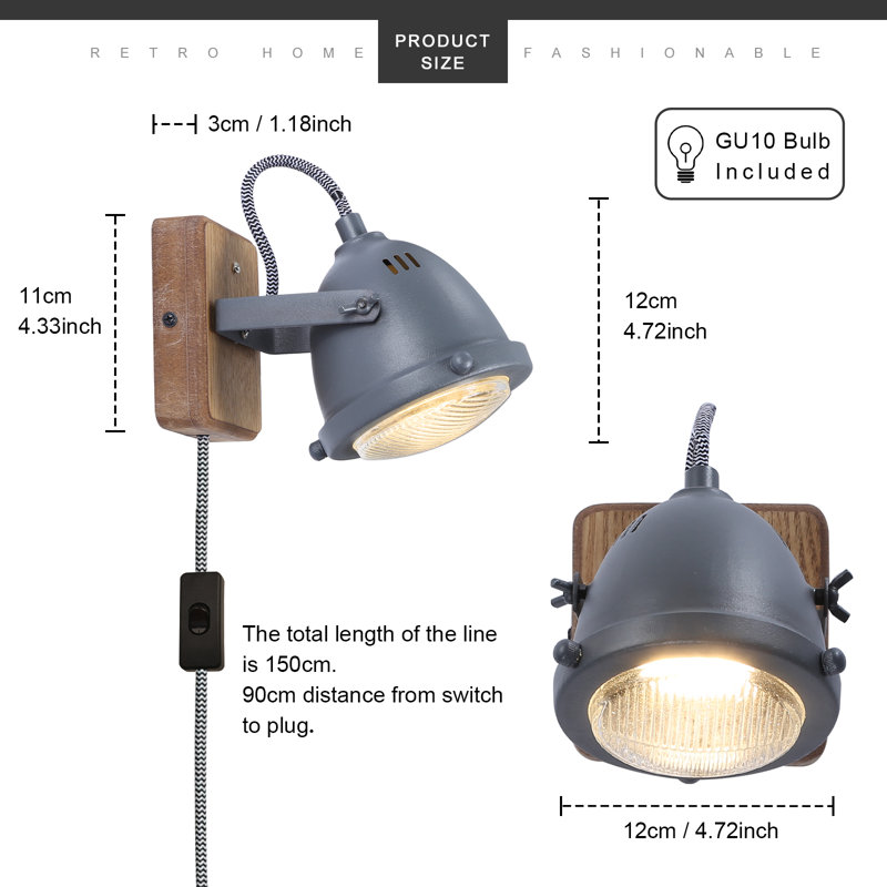 Industrial  Vintage Decorative Wall Mounted Lamp Plug In Cord With Switch And Gu10 Bulb-antique Retro Farmhouse Glass Shade Wood Metal Desk Sconce Light For Living Room, Kids Room, Bedroom,porch