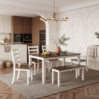 Ensemble de salle à manger de style champêtre 6 pièces, comprenant une table rectangulaire, 4 chaises et un banc.