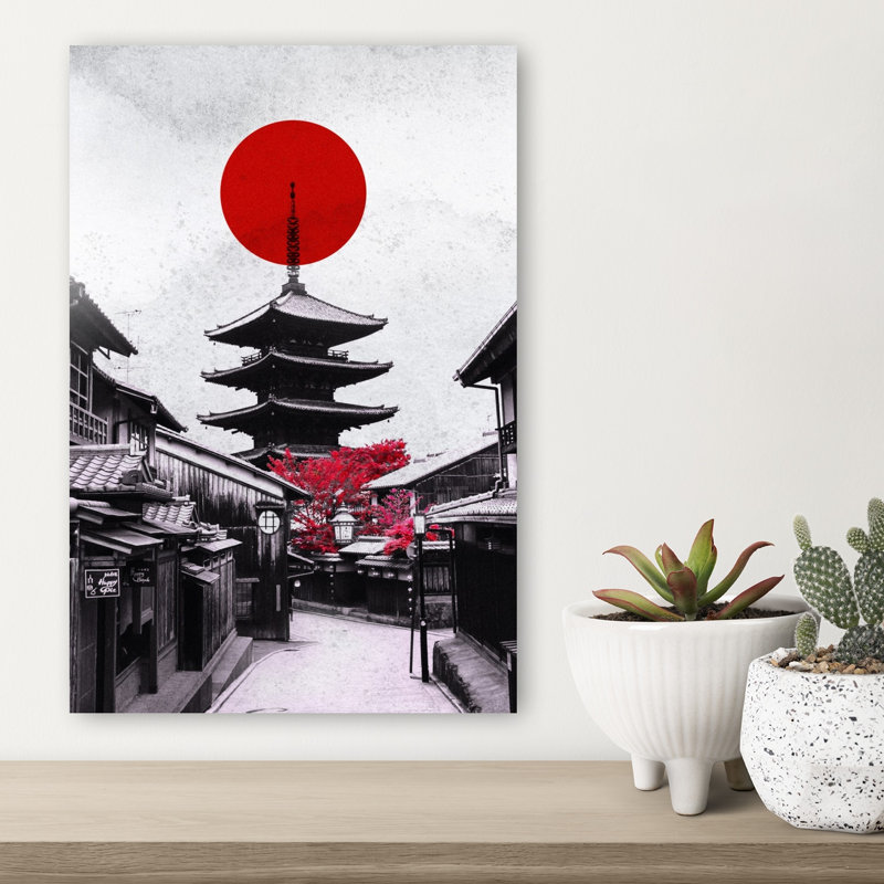 Kyoto Pagoda Red Sun Contemporary Wall Art Print 1 Piece Wrapped Canvas Wall Art, 45.72cm H x 30.48cm W