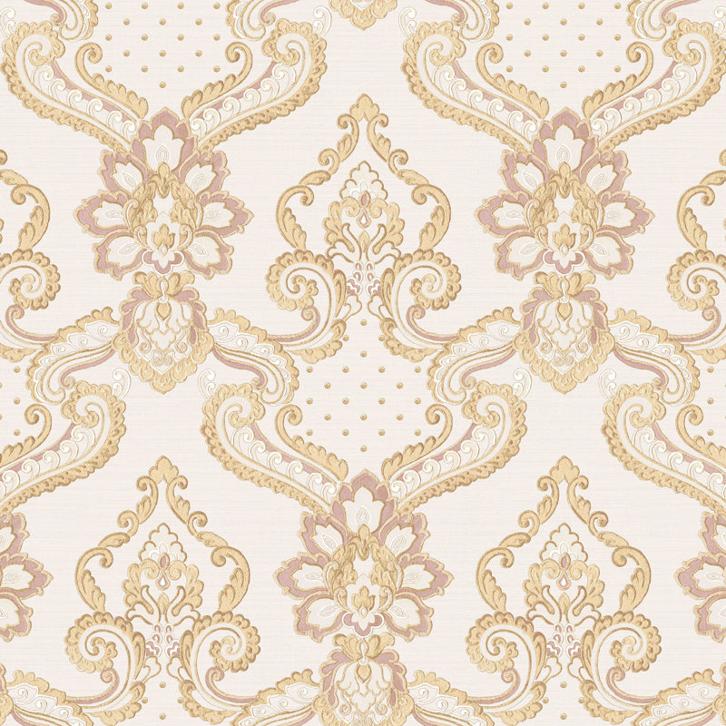Opulence Luxury Italian Damask Glitter/Shimmer Double Width 33' L x 42" W Wallpaper Roll, Beige/Pink/Gold