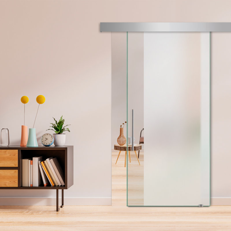 Porte de grange coulissante en verre sans cadre avec design moderne sablé et quincaillerie (semi-privée), 32 po x 84 po