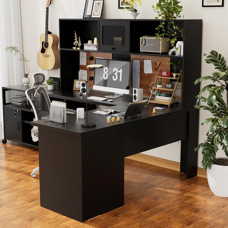 Black L-Shaped Executive Desk with Hutch and Power Outlet