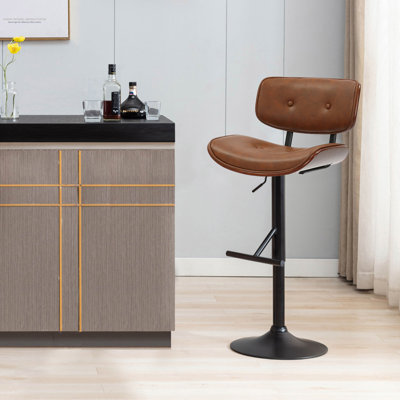 Caneghem Height Adjustable Swivel Faux Leather Mid-Century Bar Stool