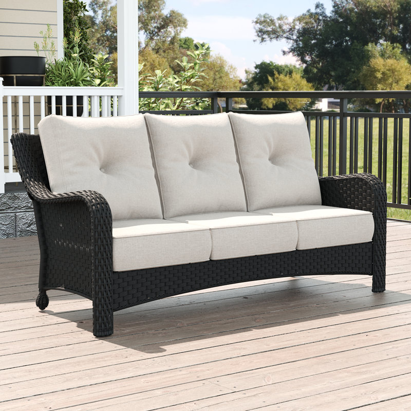 LayinSun Outdoor Wicker 3-seat Sofa, Patio Rattan Couch with 6-Inch Thick Cushions, Black, Beige