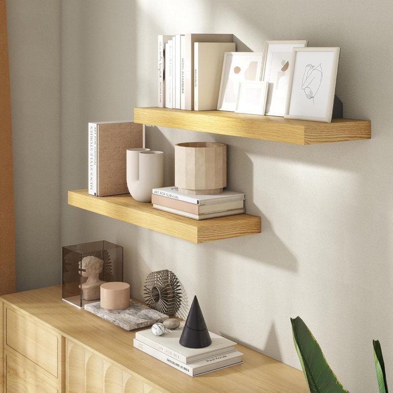 Ensemble de 2 tablettes flottantes en chêne rustique avec supports invisibles pour le rangement et la présentation dans le salon, la cuisine et la salle de bain