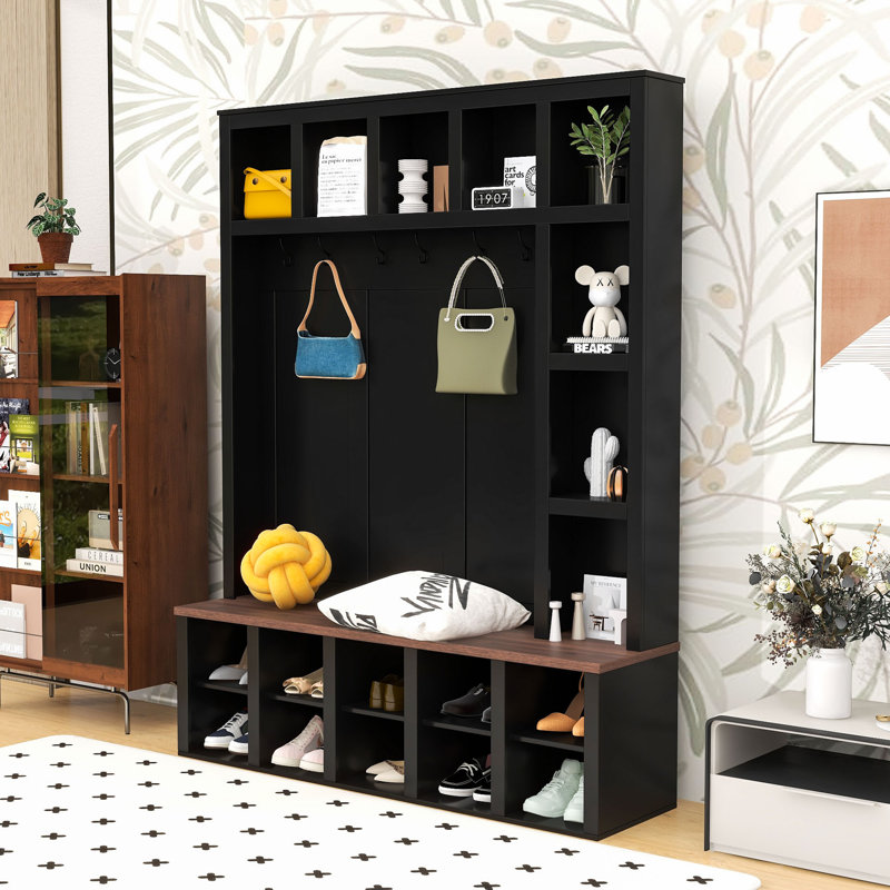 Hall Tree with 6 Hooks and Adjustable Shelves, Black