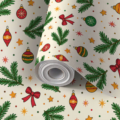 Papier peint adhésif décoratif amovible, motif de Noël festif : nœuds, branches de pin, etc. Idéal pour les locataires et parfait pour une installation facile dans une chambre, un salon, une cuisine ou une salle de bain. Convient également pour un mur d'accent.